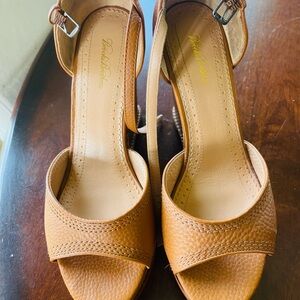 Brooks Brothers Cognac Leather Wedge Sandals with Ankle Strap